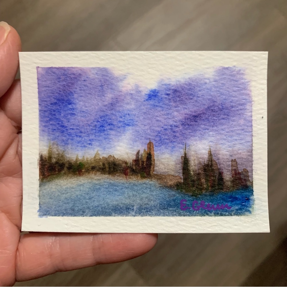 ACEO miniature Original Small Watercolor Landscape Painting in Purple and Blue